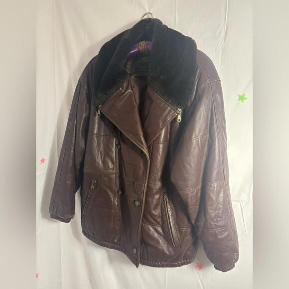 American Vintage Other - VTG Brown Oversized Genuine Leather Pilot Style Jacket Faux Fur Collar Men’s M